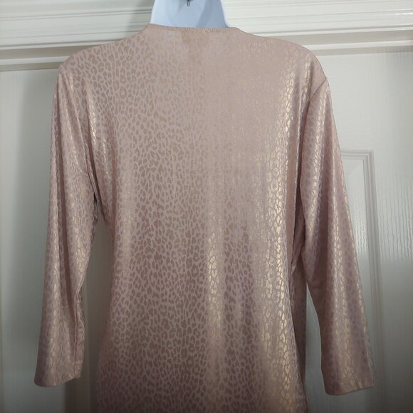 Chico's Travelers Stretch Metallic Liquid Gold Drapey Asymmetrical Faux Wrap Top - Picture 10 of 13